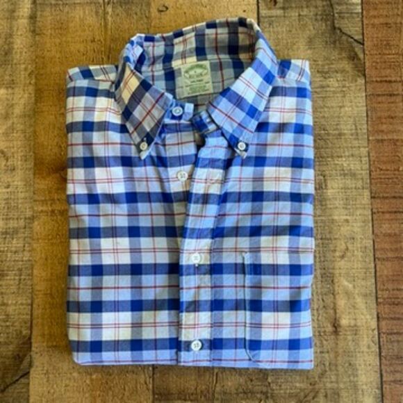 Brooks Brothers Dress Shirt Large Blue White Check Plaid Milano Button Down - Picture 4 of 6